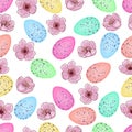 Seamless colorful pattern of a set of Easter eggs and cherry flowers isolated on a transparent background. Idea for packaging, Royalty Free Stock Photo