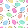 Seamless colorful pattern of a set of Easter eggs and willow twigs isolated on a transparent background. Idea for packaging, cards