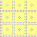 Seamless colorful pattern of stars and round shapes in blue, pink, gray colors with shadow, yellow background. Flat design vector.