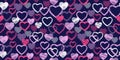 Seamless colorful pattern with vector hand drawn sketch shape hearts. Print with set texture pink heart silhouettes.