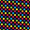 Seamless colorful polka dot pattern on black. Vector illustration.