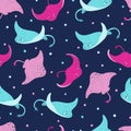 Seamless colorful stingray pattern. Marine background with manta rays