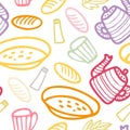 Seamless colorful vector pattern of hand drawn circle abstract doodles of pastry and tea pots