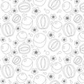 Seamless coloring pattern with kiwi whole, cut in half, colors, different circles on white background