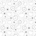 Seamless coloring pattern with whole apples cut in half, flowers, leaves, different circles on white background Royalty Free Stock Photo