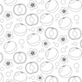 Seamless coloring pattern with whole oranges cut in half, flowers, different circles on white background Royalty Free Stock Photo