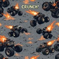 Seamless vector pattern of flaming monster trucks crashing with \