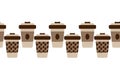 Seamless Continuous line of disposable cups with pattern and coffee beans. Concept for greetings