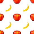 Seamless continuous yellow banana and red apples pattern design, isolated on white background