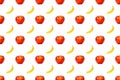 Seamless continuous yellow banana and red apples pattern design, isolated on white background