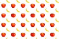 Seamless continuous yellow banana and red apples pattern design, isolated on white background