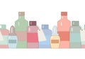 Seamless contour colored border with bottles and flasks. Medicine and perfumery. Vector object