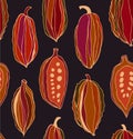 Seamless contrast pattern with cocoa beans. Decorative vector colorful chocolate background.