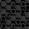 Seamless contrast texture of hand-drawn abstract circles from broken lines, dashes on a black square background