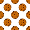 Seamless cookies pattern. Flat style vector illustration on white background. Chocolate chip cookies.