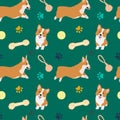 Seamless corgi pattern. Cartoon home pet, set of cute puppies for print, posters and postcard. Vector corgi animal background