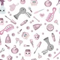 Seamless cosmetics pattern. For children`s accessories. lipstick, cream, mascara, comb. Games with dolls for girls