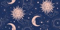 Seamless cosmic pattern with sun and crescent moon, vintage background for astrology and tarot. Sun with face and stars Royalty Free Stock Photo