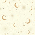 Seamless cosmic space pattern with sun, crescent and stars on a beige background.