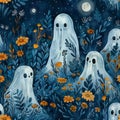 Seamless cottagecore fabric pattern featuring retro yellow and blue wildflowers with ghosts Royalty Free Stock Photo