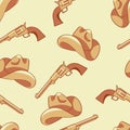 Seamless cowboy pattern, cartoon style - hat and revolver.