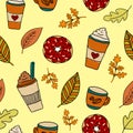 Seamless cozy autumn pattern. Cup of tea or coffee, candle and leaves. Doodle colorful vector illustration. Wrapping or