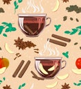 A seamless cozy pattern with large-leaf black tea, mint, cinnamon, cloves, cardamom and apple.