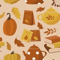 seamless cozy pattern with teapots, books, pumkins and autumn leaves