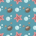 Seamless crabs and starfish pattern. Sea background