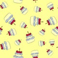 Seamless cream cake pattern with yellow background