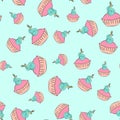 Seamless cream cupcake pattern with blue background