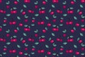 Seamless creative cute cherry pattern on a dark blue background. Summer berries, fruits, leaves, background print. Royalty Free Stock Photo