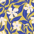 Seamless creative floral pattern. Fancy naive blooms, texture design for fabric, textile. Colored flat graphic vector