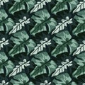 Seamless creative pattern with monstera elements cartoon shapes. Green and blue tones foliag on dark background. Botanic backdrop Royalty Free Stock Photo