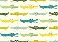 Seamless green and blue cute crocodile cartoon fabric textile pattern