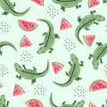 Seamless crocodile pattern with watermelon slices.