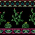 Seamless cross stitches cactuses floral pattern on black