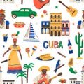 Seamless Cuban pattern with ethnic Latin food, car, boat, people, Havana cigar, rum, guitar and maracas on white Royalty Free Stock Photo
