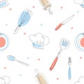 Seamless culinary pattern. Cook`s cap, knives, forks, spoons, rolling pins.