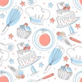 Seamless culinary pattern. Cook's cap, knives, forks, spoons, rolling pins. Royalty Free Stock Photo