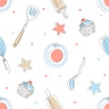 Seamless culinary pattern. Plates, cupcakes, spoons, rolling pins. White background.