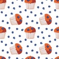 Seamless cupcake pattern with blueberry cupcake vector illustration. Sweet food. Background with birthday muffin