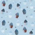 Seamless cupcake pattern with hearts and cherry, blue background.