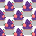 Seamless cupcake pattern with strawberries on a white background. Vector image