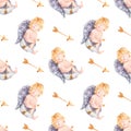Seamless cupids with arrow in hands pattern. Watercolor background with cute cupid child, arrows, for textile, valentines day Royalty Free Stock Photo