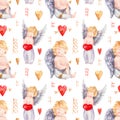 Seamless cupids pattern. Watercolor background with cute cupid child with wings and heart in hands, arrow, garlands and confetti Royalty Free Stock Photo
