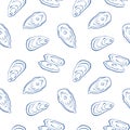 Minimal oyster seamless pattern in cut out matisse style for ocean design and packaging in blue and white colors Royalty Free Stock Photo