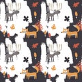 Seamless cute animal autumn pattern fox, deer, moose