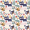 Seamless cute animal autumn pattern made with cat, bird, flower, plant, leaf, berry, heart, friend, floral, nature Royalty Free Stock Photo