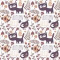 Seamless cute animal autumn pattern made with cat Royalty Free Stock Photo